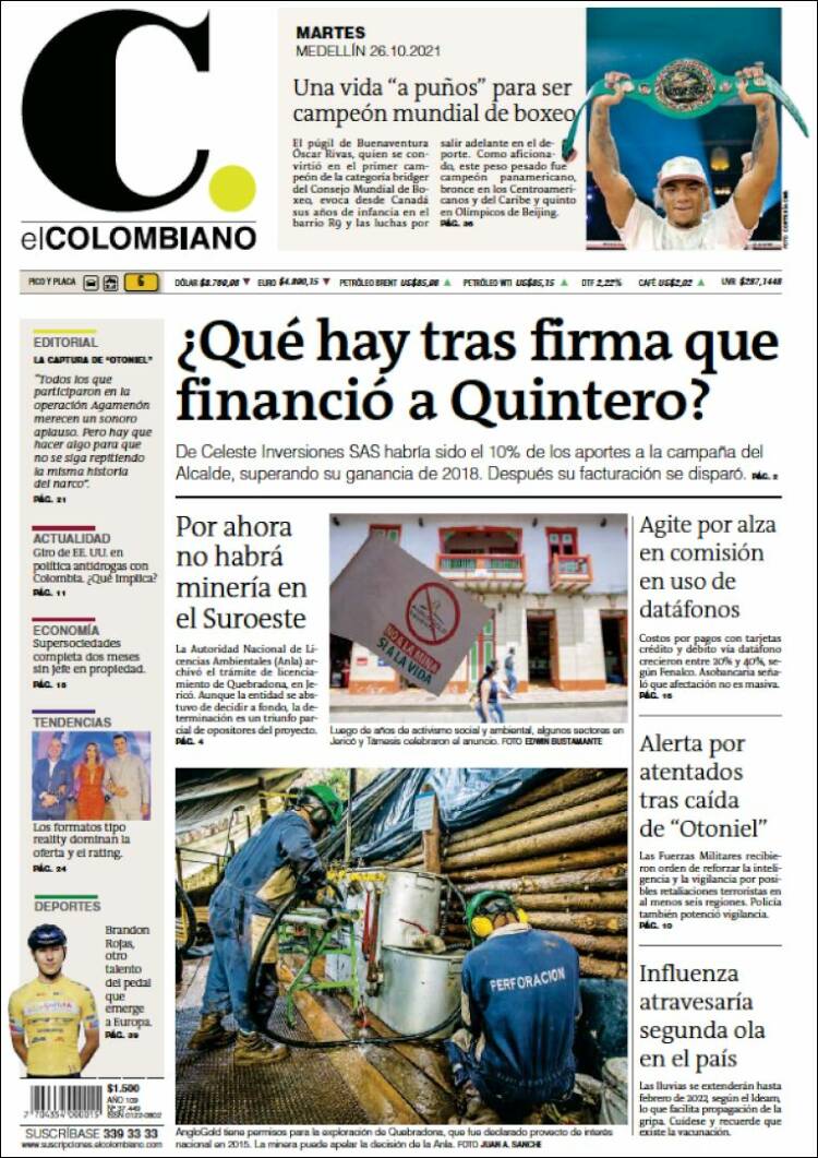 Portada de El Colombiano (Colombia)