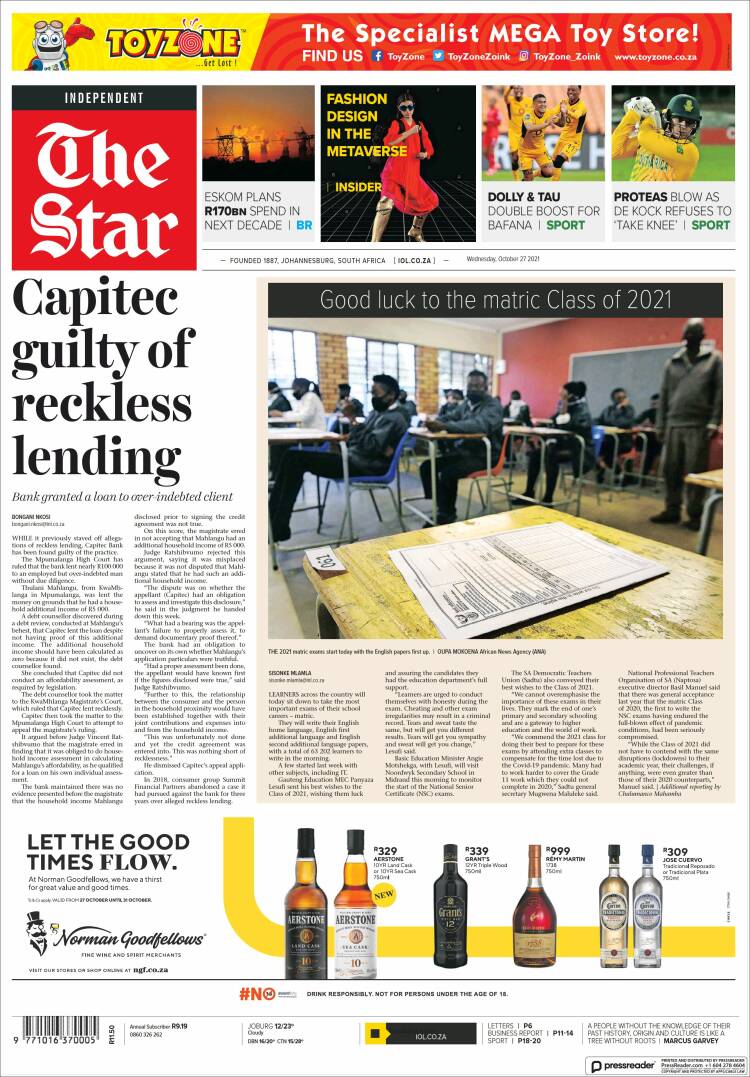 Portada de The Star (Sud&aacute;frica)