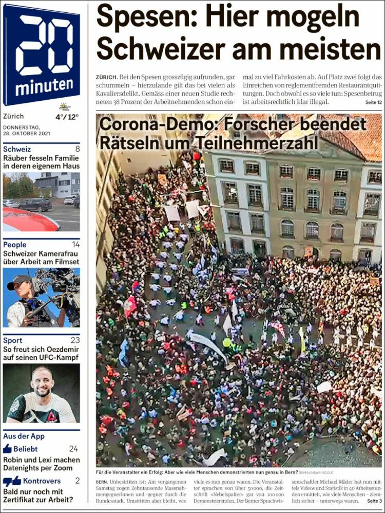 Portada de 20Minuten - Zürich (Suiza)