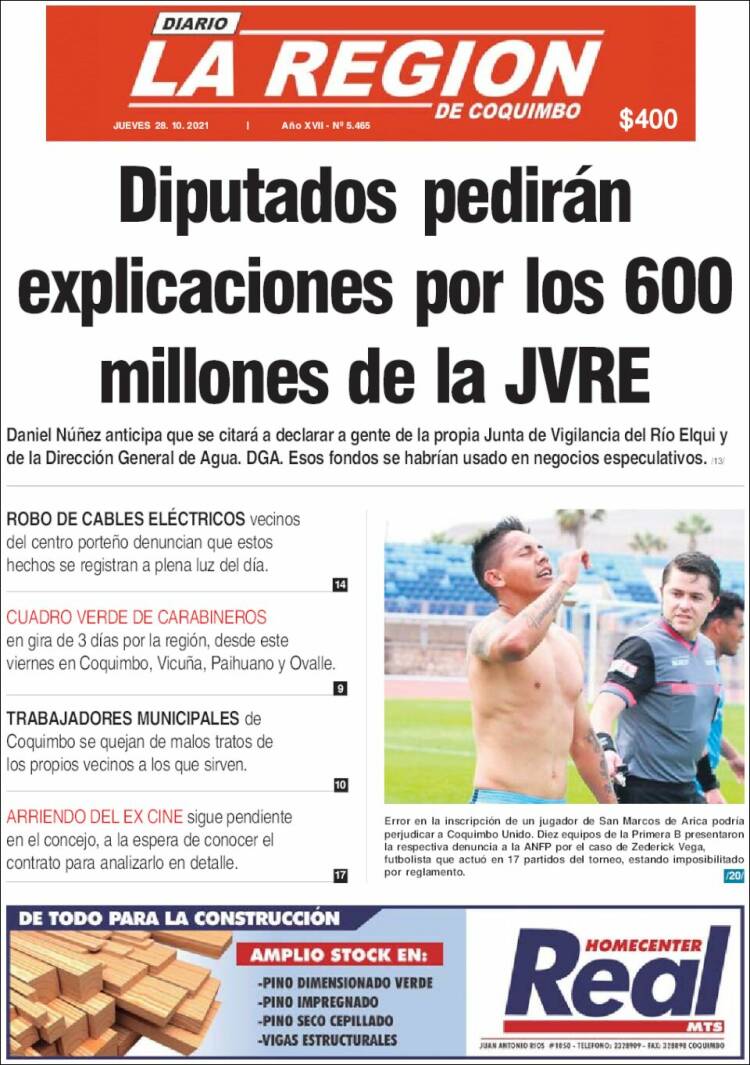 Portada de Diario La Región de Coquimbo (Chile)