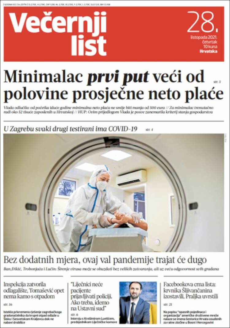 Portada de Večernji (Croacia)