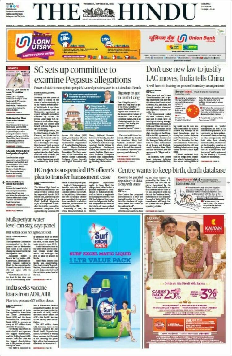 Portada de The Hindu (India)