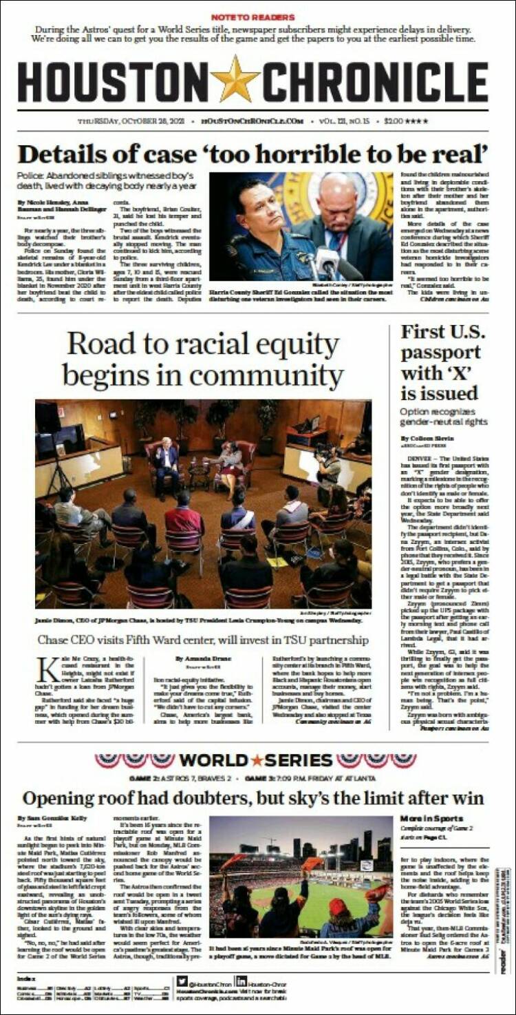 Portada de Houston Chronicle (USA)