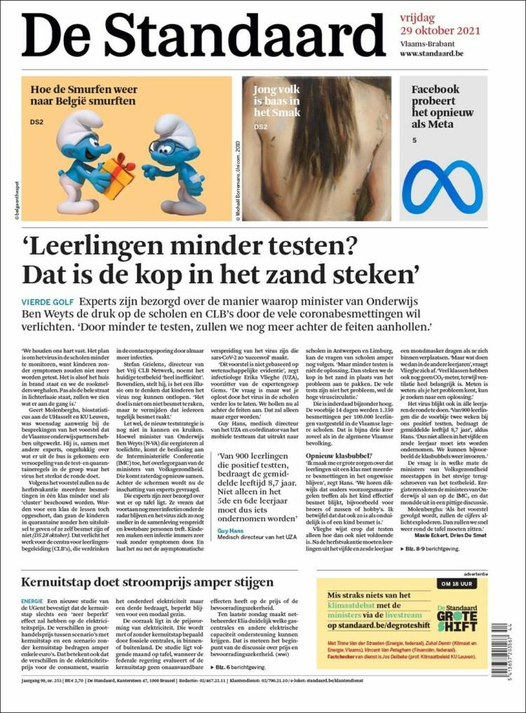 Portada de De Standaard (Belgique)