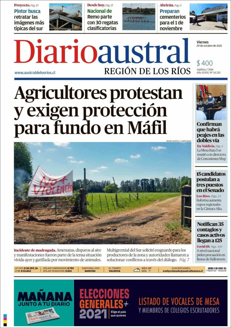 Portada de El Diario Austral de Valdivia (Chile)
