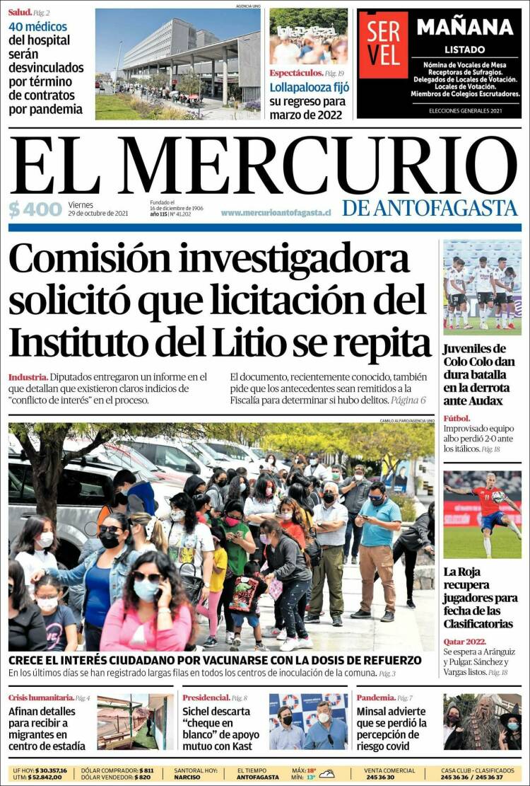 Portada de El Mercurio de Antofagasta (Chile)