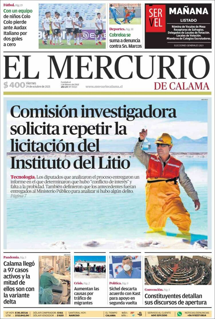 Portada de El Mercurio - Calama (Chile)