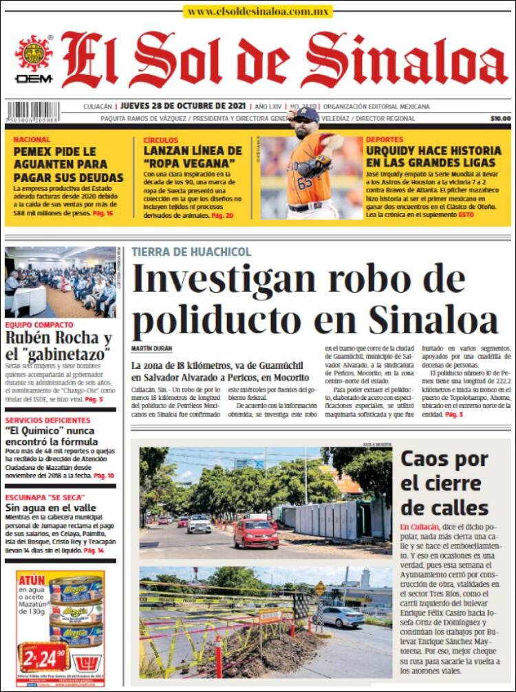 Portada de El Sol de Sinaloa (Mexique)
