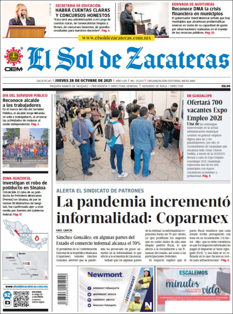 Portada de El Sol de Zacatecas (M&eacute;xico)