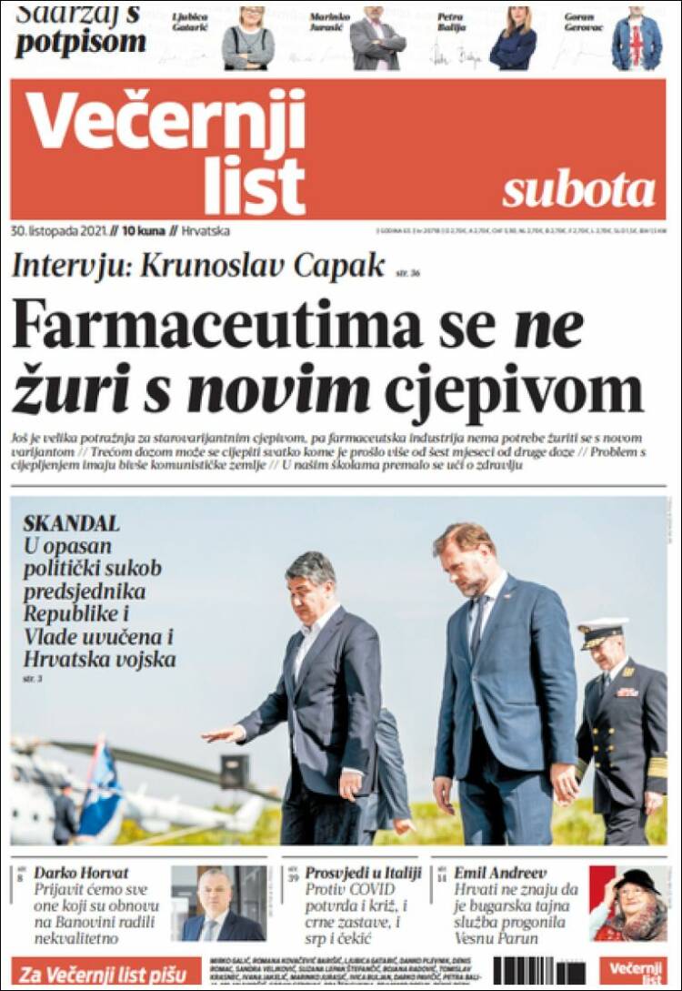 Portada de Večernji (Croacia)