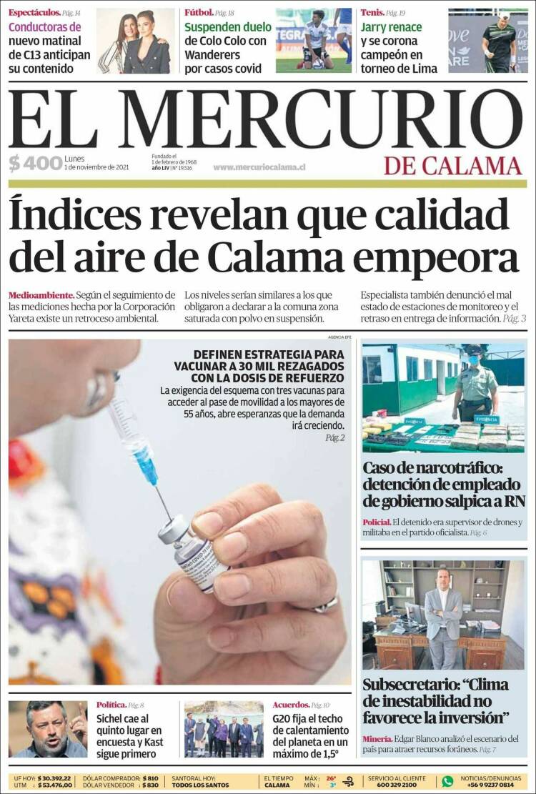 Portada de El Mercurio - Calama (Chile)