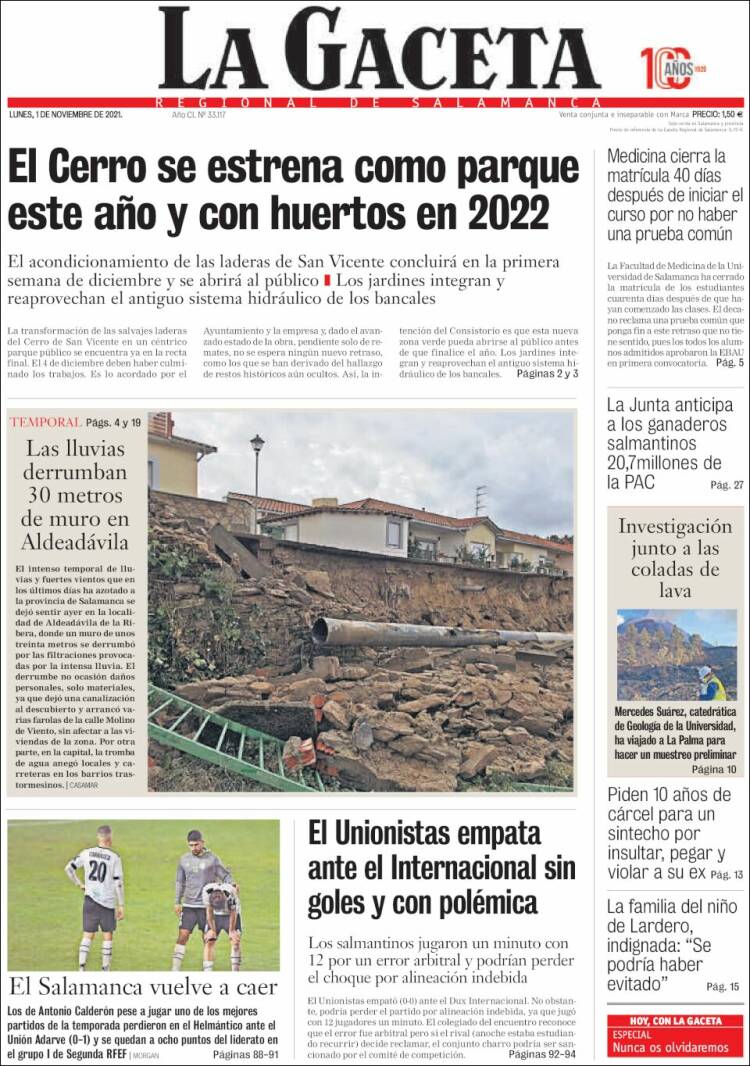 Portada de La Gaceta de Salamanca (España)