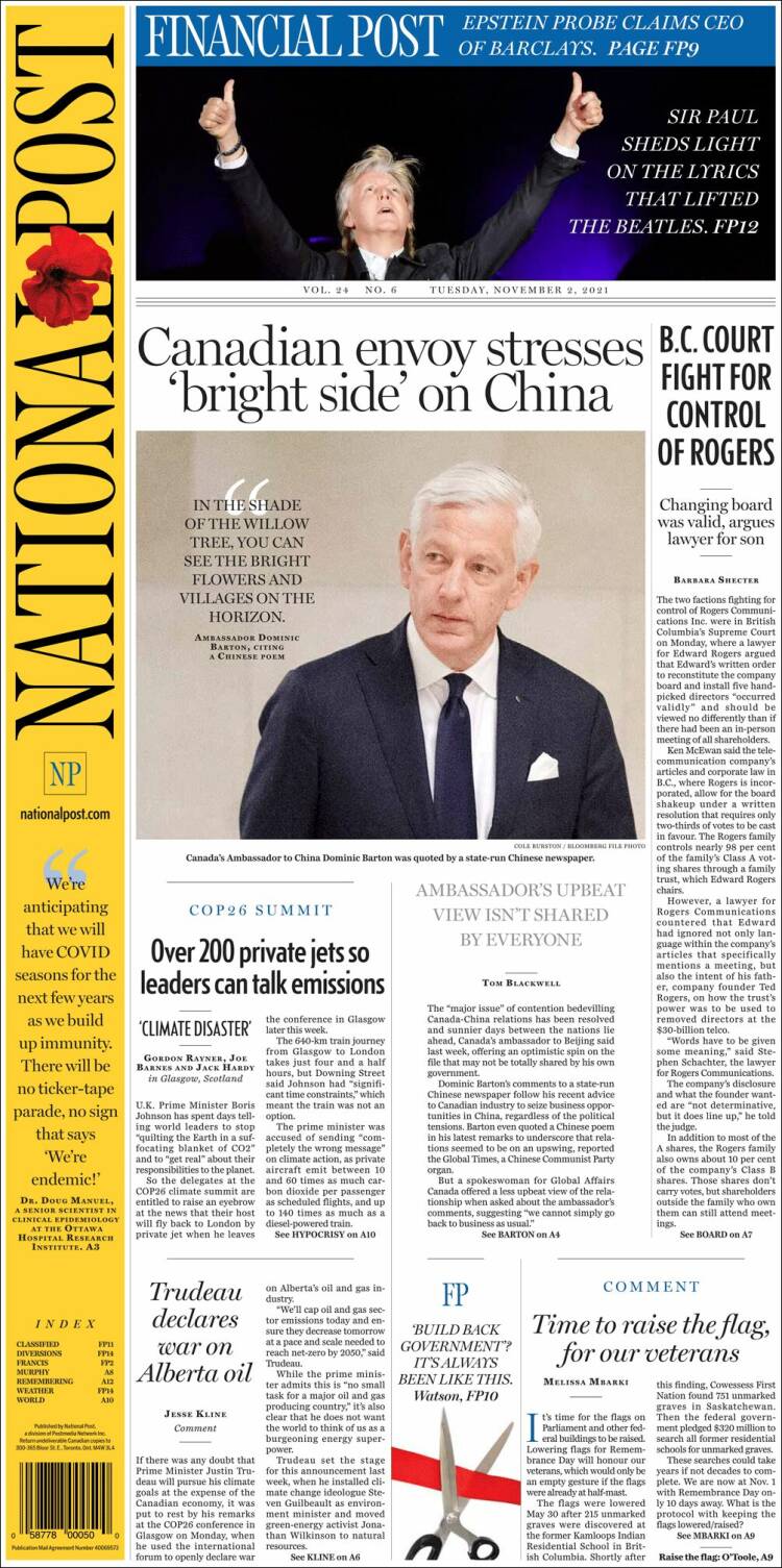 Portada de The National Post (Canadá)