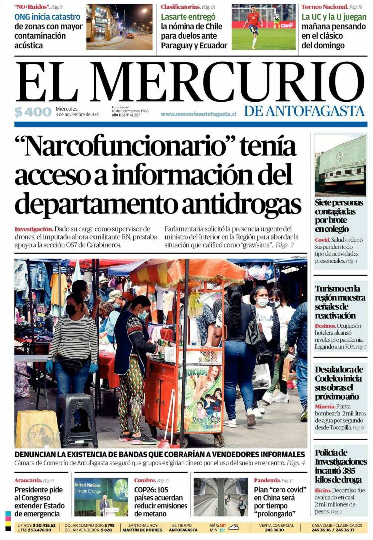 Portada de El Mercurio de Antofagasta (Chile)