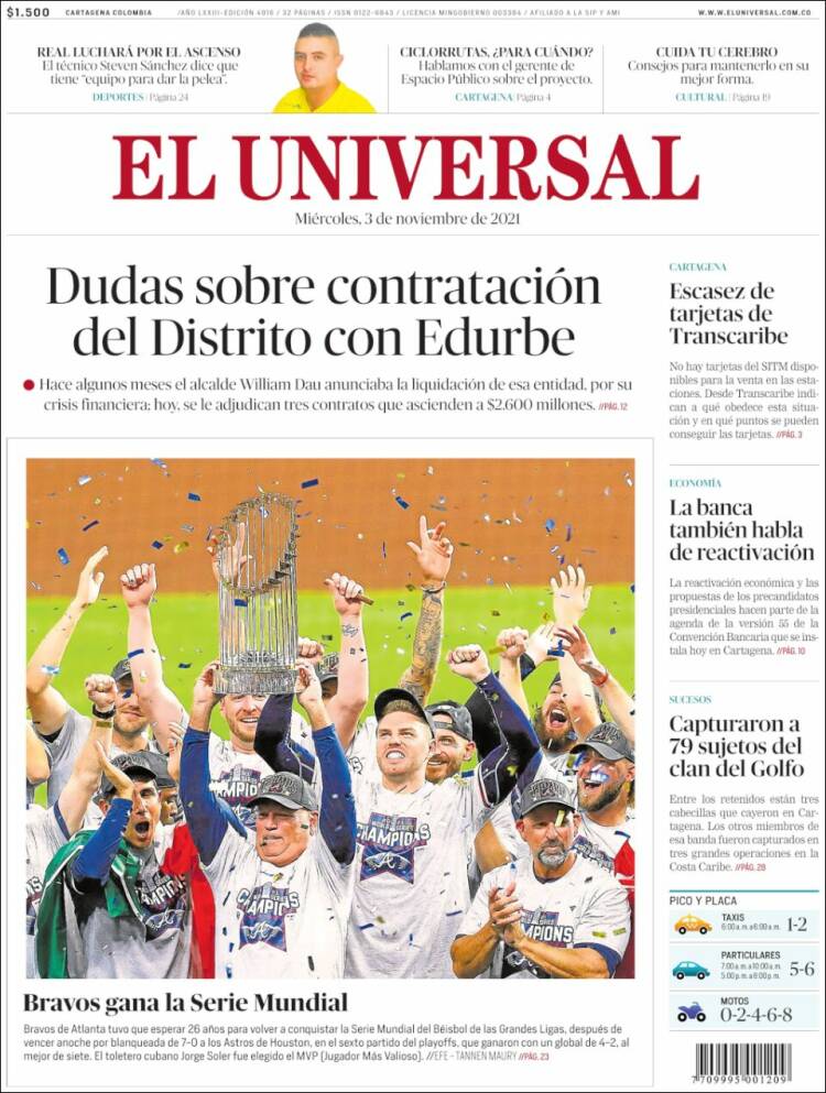 Portada de El Universal (Colombia)
