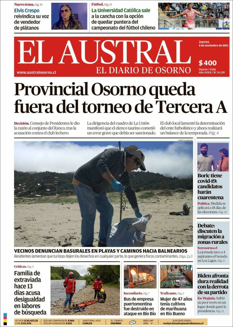 Portada de El Austral de Osorno (Chile)
