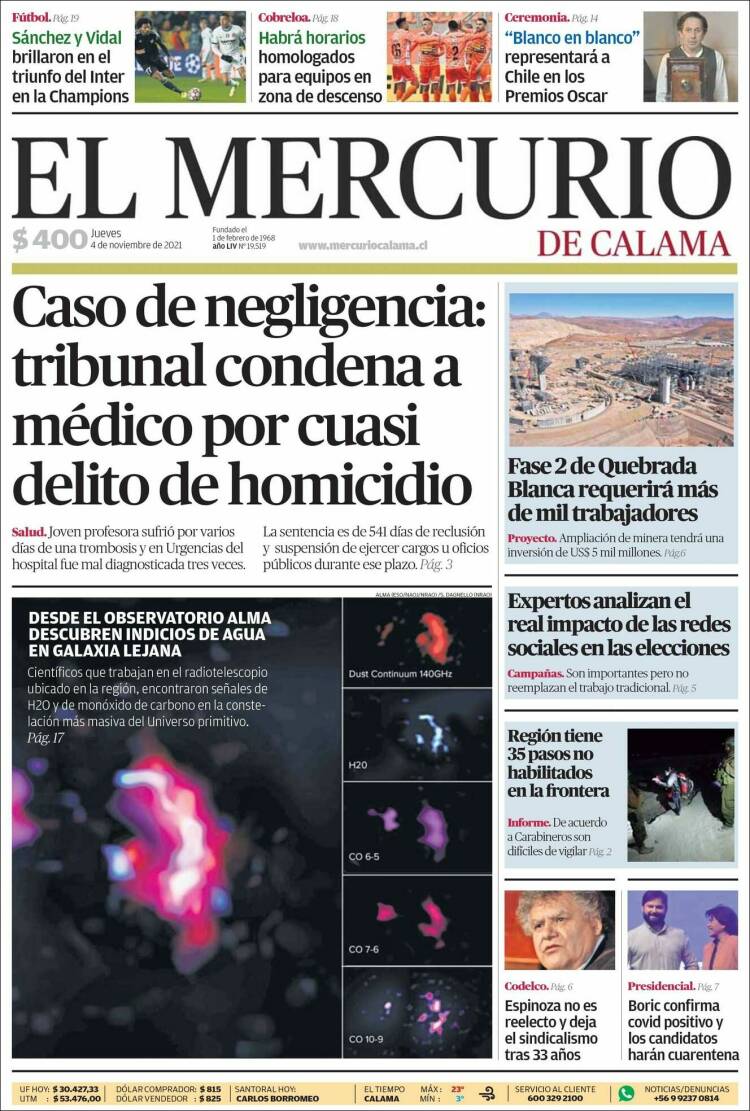 Portada de El Mercurio - Calama (Chile)