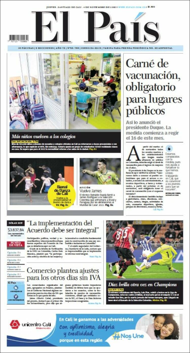 Portada de El País - Cali (Colombia)