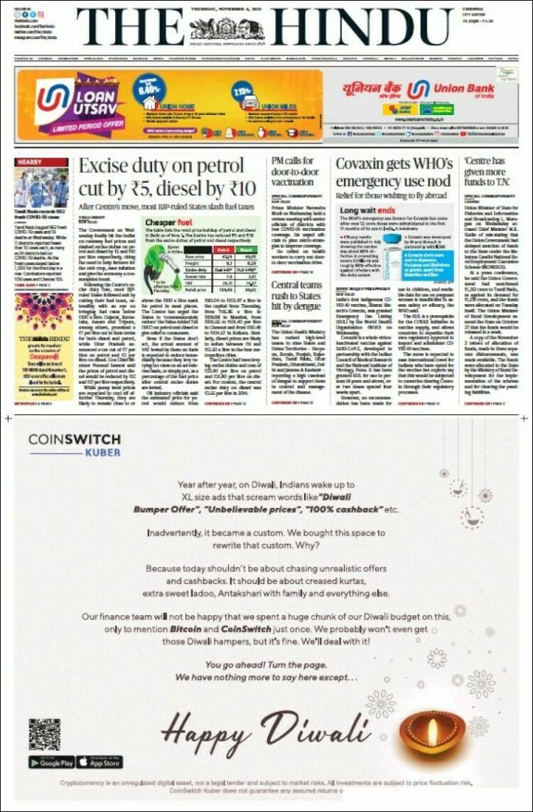 Portada de The Hindu (India)