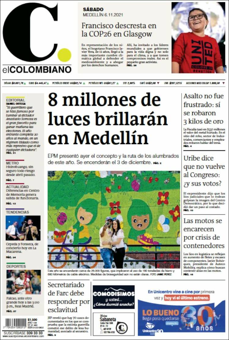 Portada de El Colombiano (Colombia)