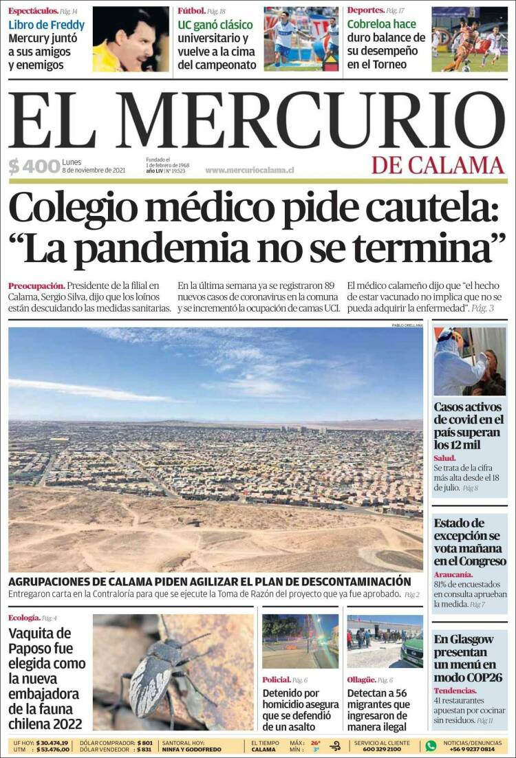Portada de El Mercurio - Calama (Chile)