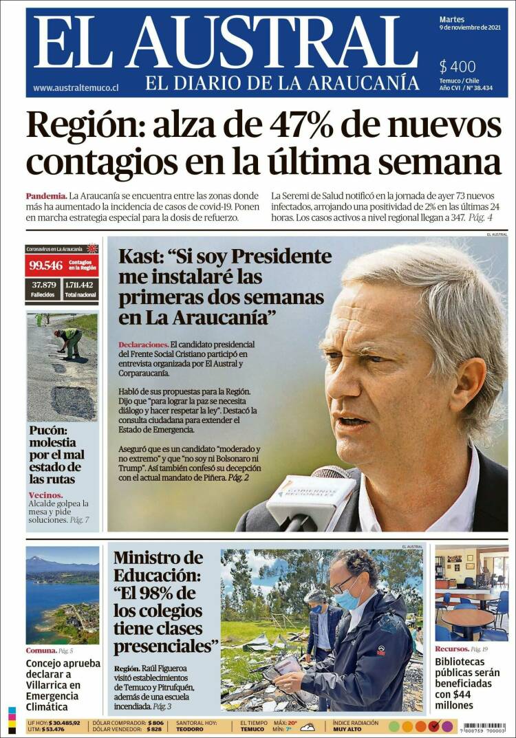 Portada de El Austral de Temuco (Chile)