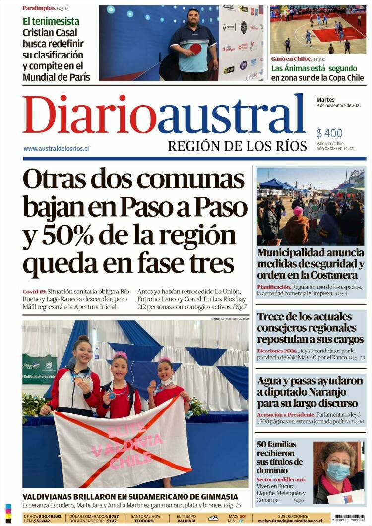 Portada de El Diario Austral de Valdivia (Chile)