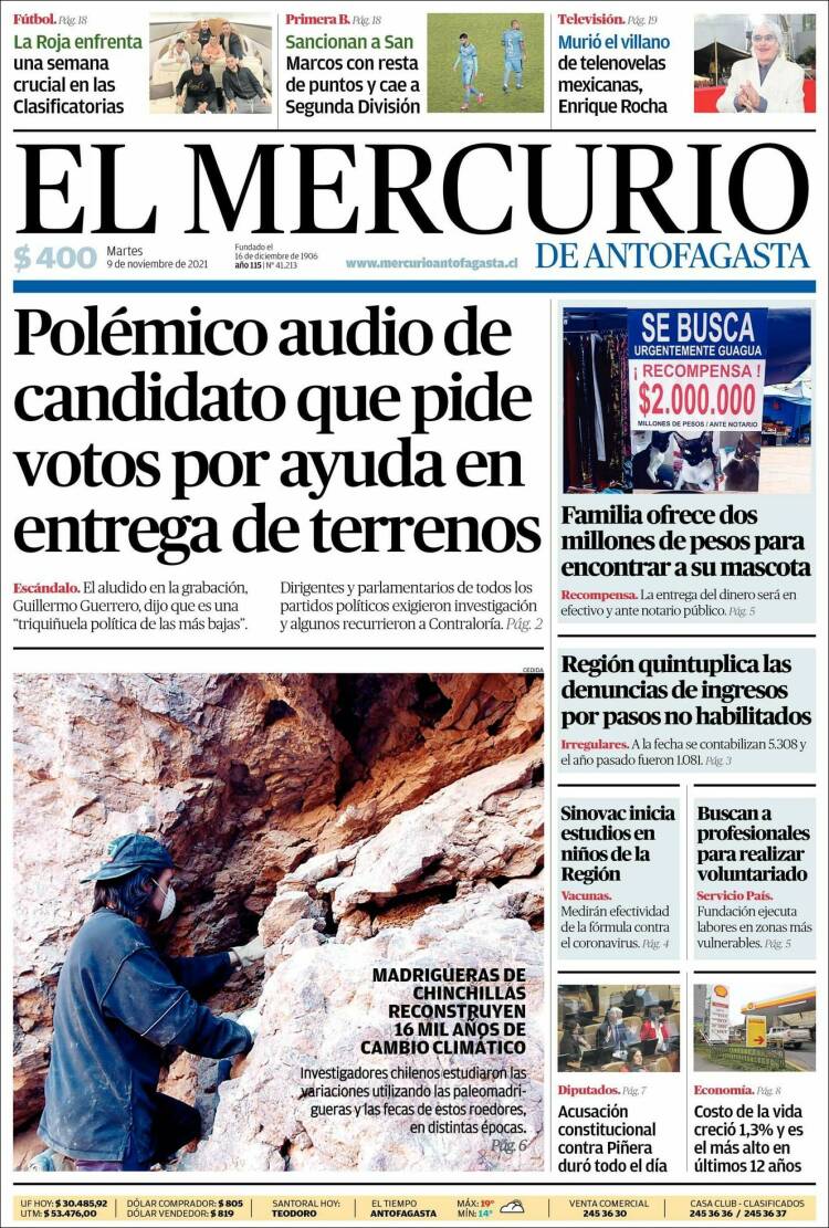 Portada de El Mercurio de Antofagasta (Chile)