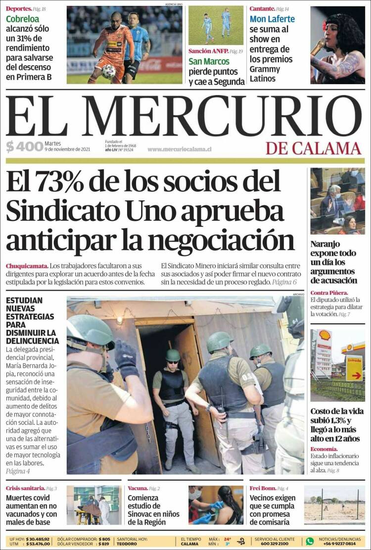 Portada de El Mercurio - Calama (Chile)