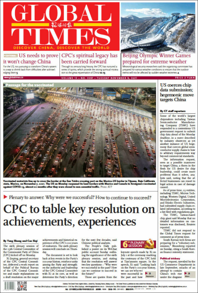 Portada de The Global Times (China)