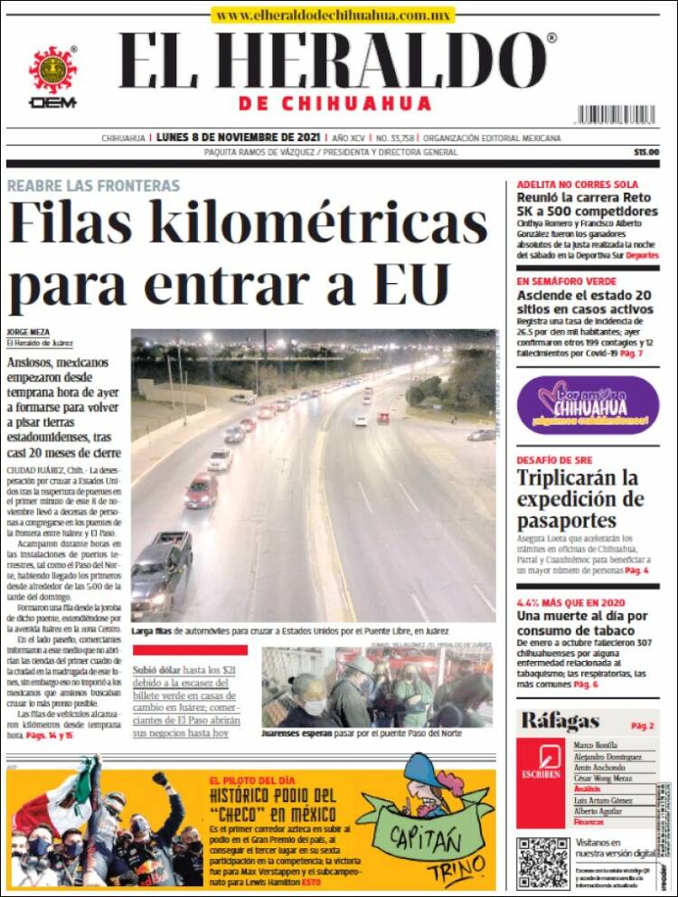 Portada de El Heraldo de Chihuahua (México)