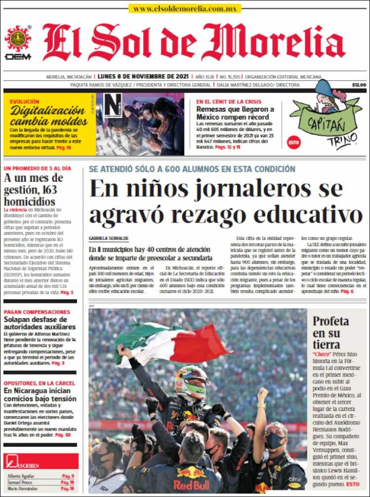 Portada de El Sol de Morelia (México)