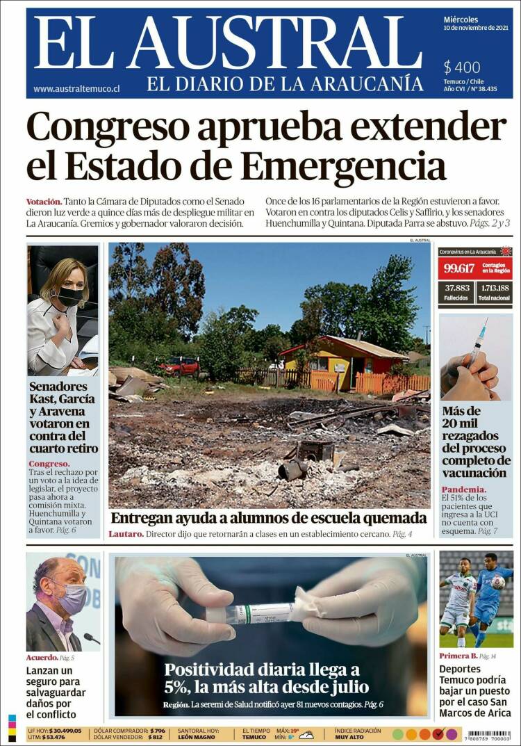 Portada de El Austral de Temuco (Chile)