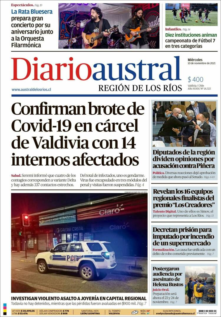 Portada de El Diario Austral de Valdivia (Chile)