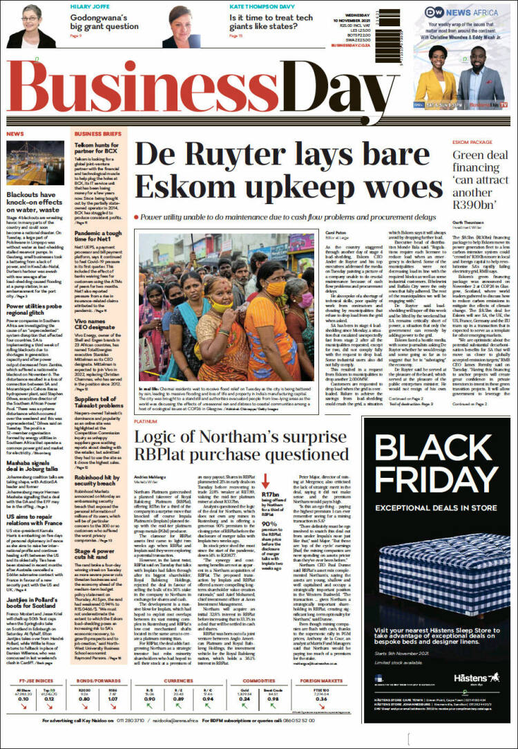 Portada de Business Day (Sud&aacute;frica)