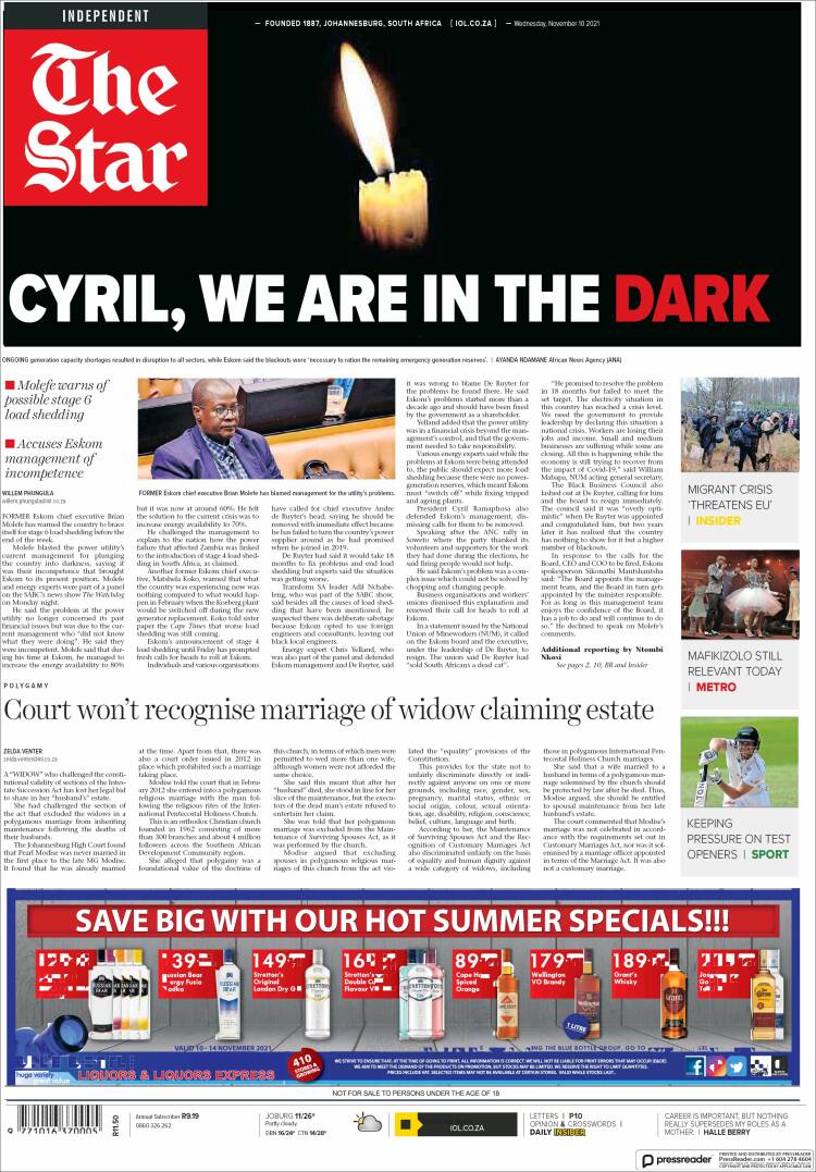 Portada de The Star (Sud&aacute;frica)