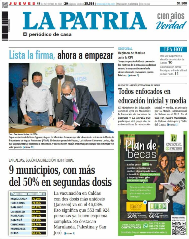 Portada de La Patria (Colombia)