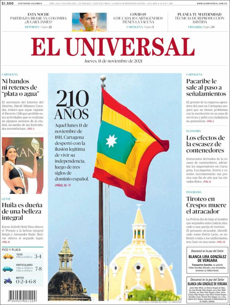 Portada de El Universal (Colombia)