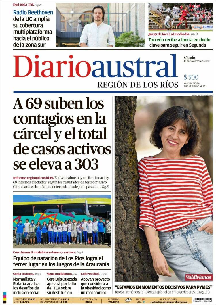 Portada de El Diario Austral de Valdivia (Chile)