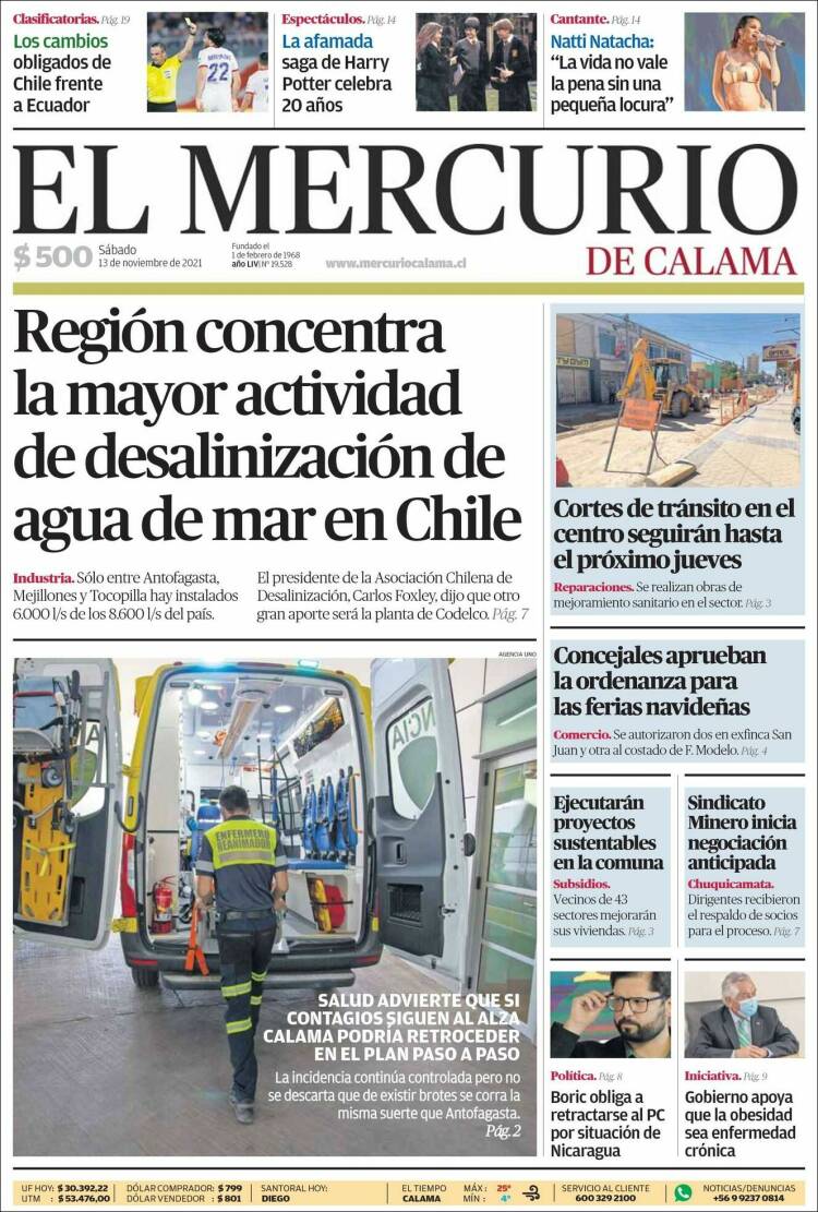 Portada de El Mercurio - Calama (Chile)