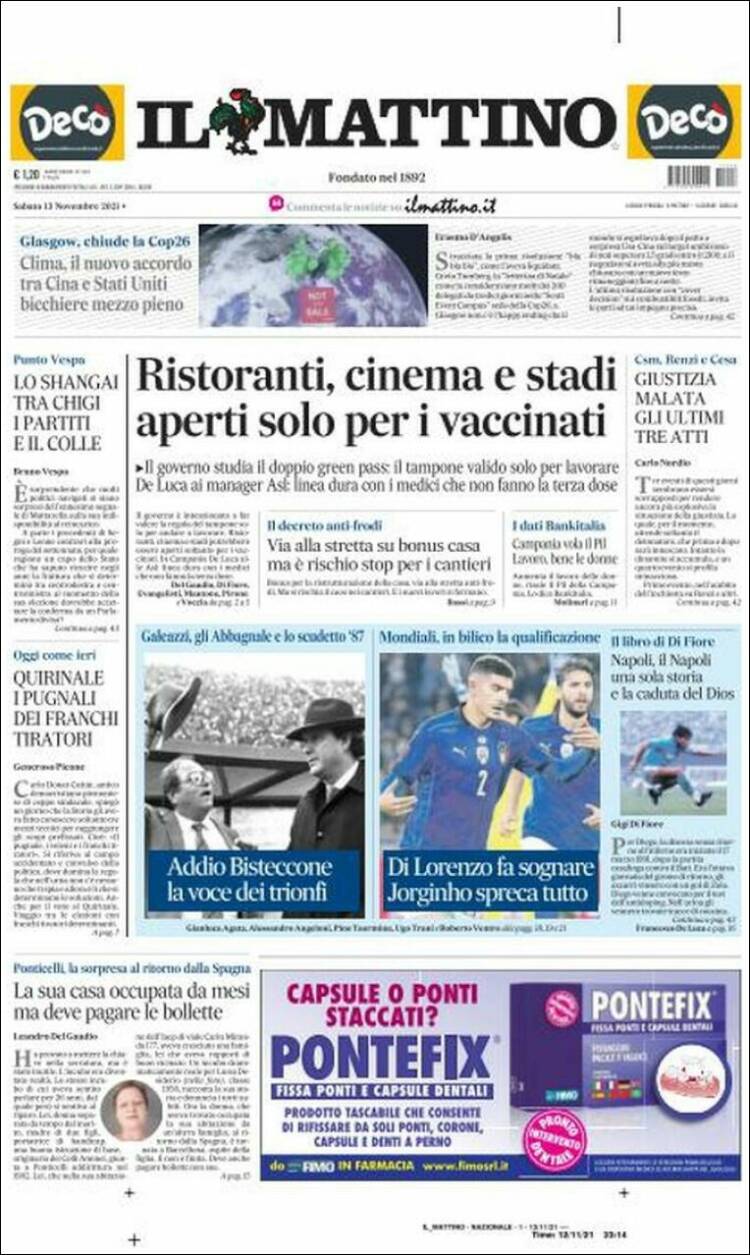 Portada de Il Mattino (Italia)
