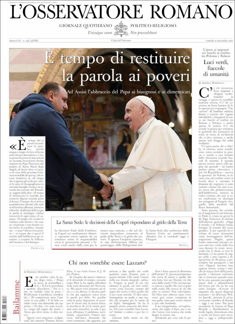 Portada de L'Osservatore Romano (Italia)