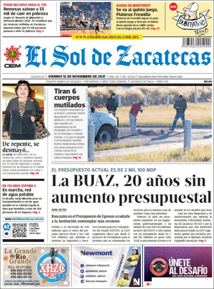 Portada de El Sol de Zacatecas (M&eacute;xico)
