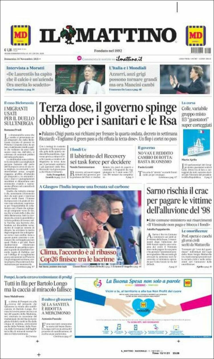Portada de Il Mattino (Italia)