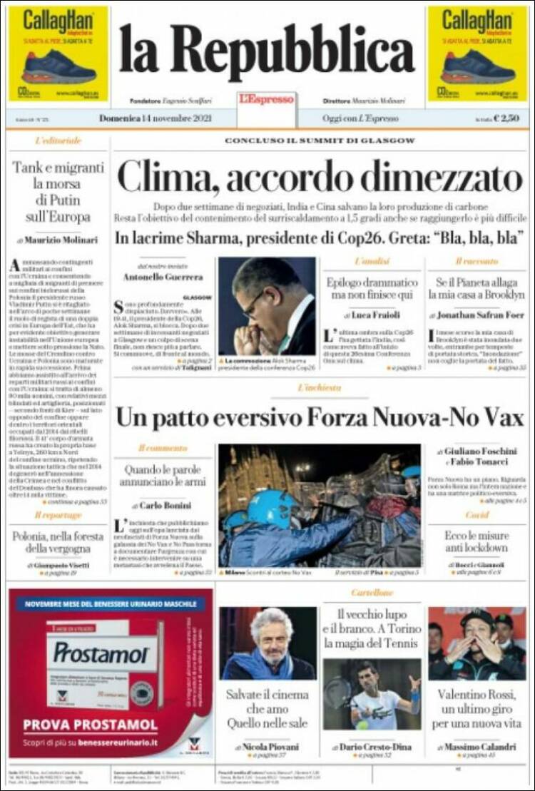 Portada de La Repubblica (Italia)