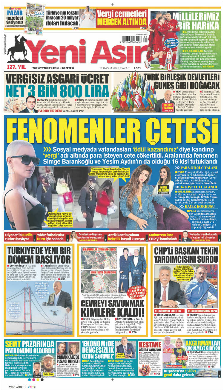 Portada de Yeni Asır (Turqu&iacute;a)