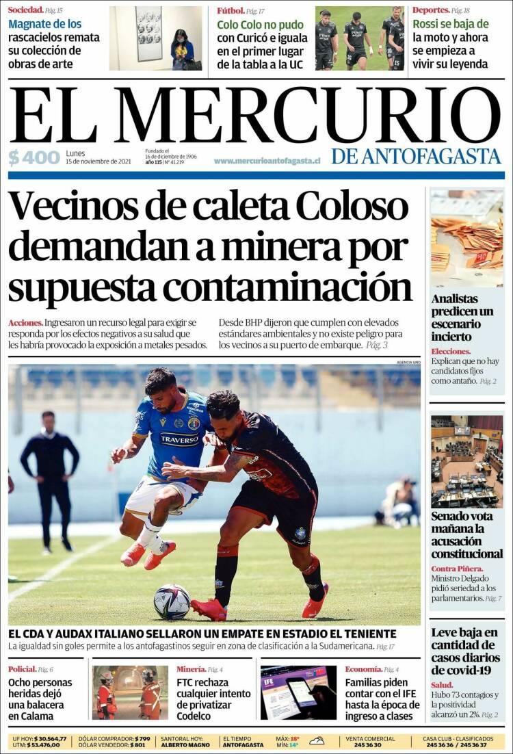 Portada de El Mercurio de Antofagasta (Chile)