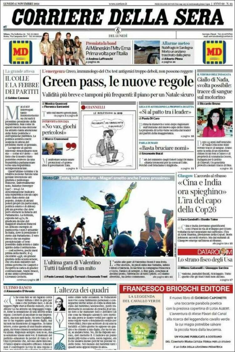 Portada de Corriere della Sera (Italie)