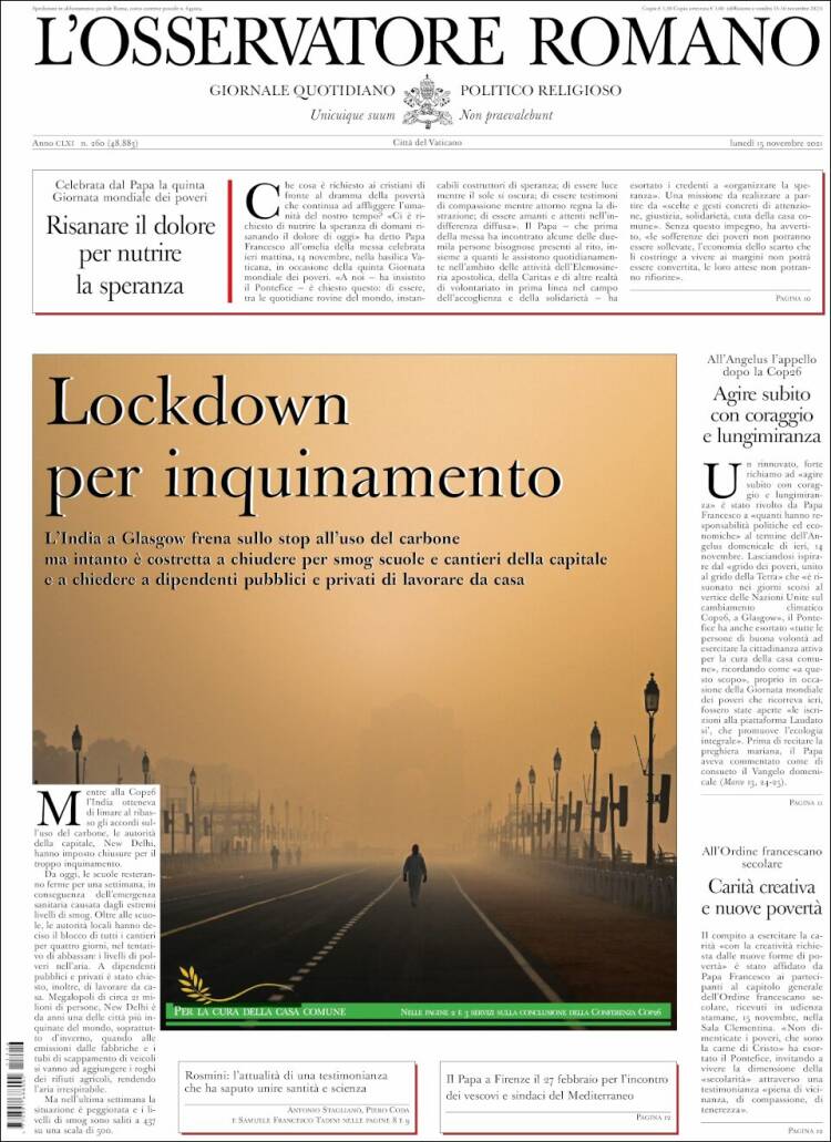 Portada de L'Osservatore Romano (Italie)