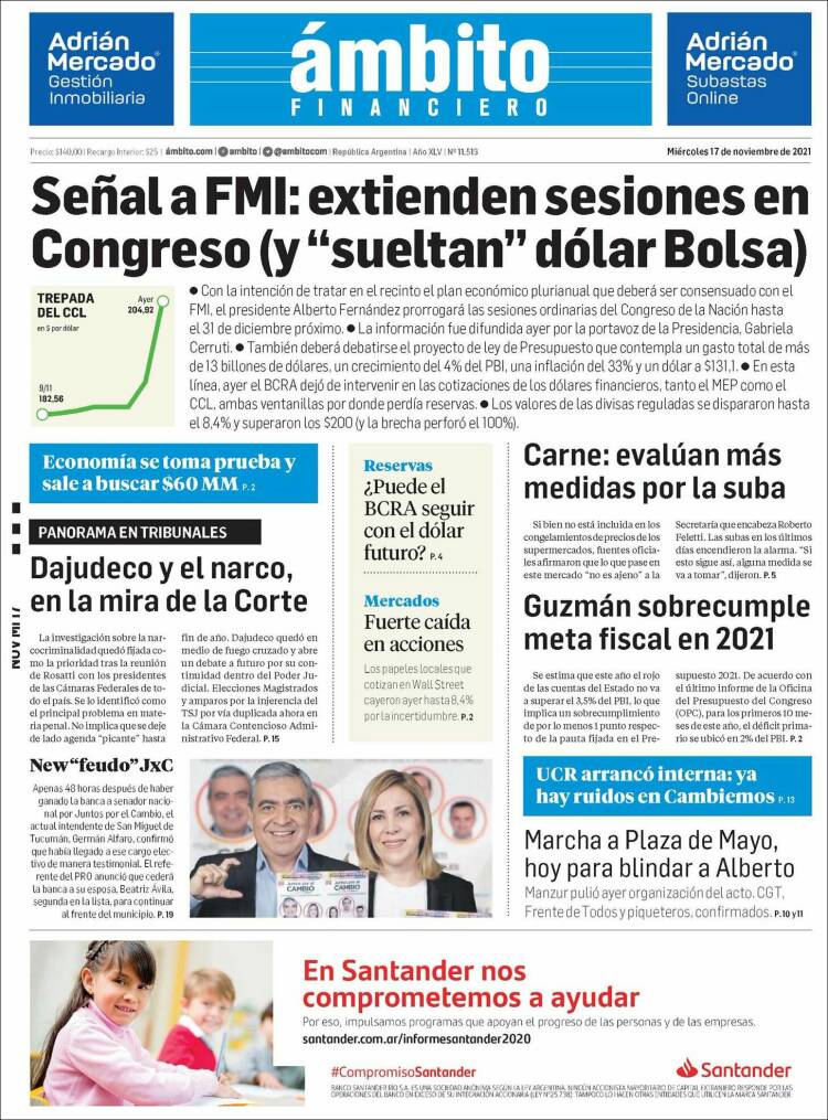 Portada de Diario Ambito Financiero (Argentina)